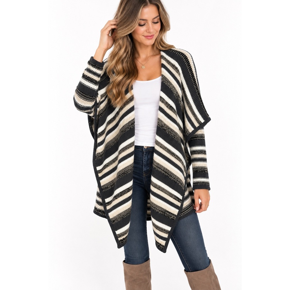Kensie Womens Striped Open Front Cardigan Draped Cape Poncho Black Cream XS/S